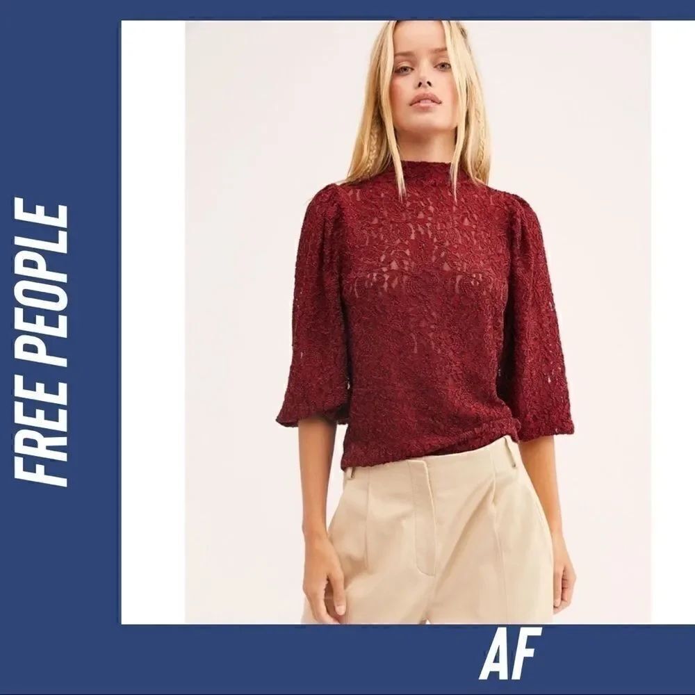 FREE PEOPLE MOCK NECK SHEER LACE BLOUSE WINE